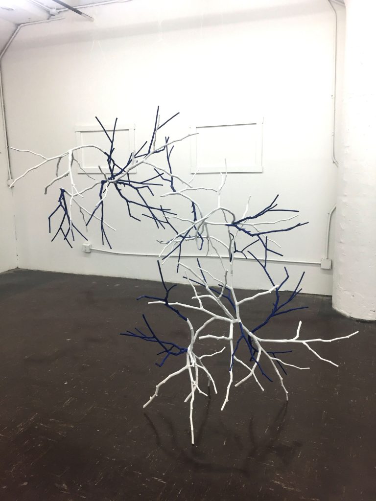 Time Takes Time Out View2; Two aluminum cast branches, paint