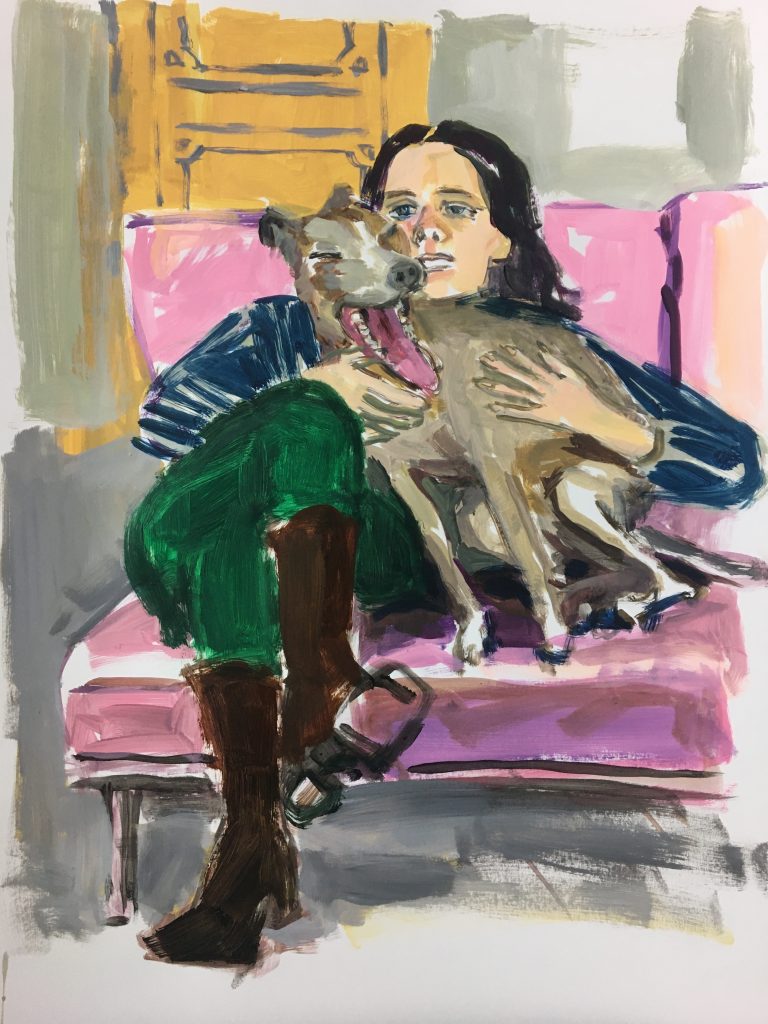 Crying Girl with Yawning Dog,  2021 Acrylic on paper (19 x 24)